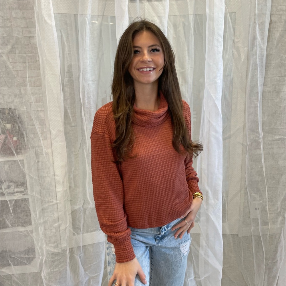 Rust Waffle Knit Cowl Neck Sweater
